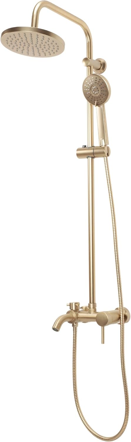 Douchesysteem – Doucheset – Douchekraan – Regendouche – Handdouche – Geborsteld Goud Messing – 20x20 cm Hoofddouche – 150 cm Handdoucheslang