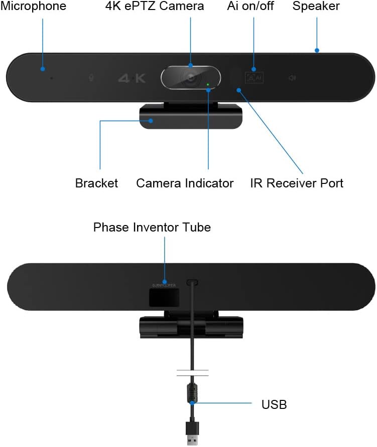 EagleBar Pro2 Videoconferentiecamera 4K ePTZ AI Face Tracking, luidspreker en conferentiemicrofoon, met afstandsbediening, compatibel met zoom/MS Teams of OBS-streaming