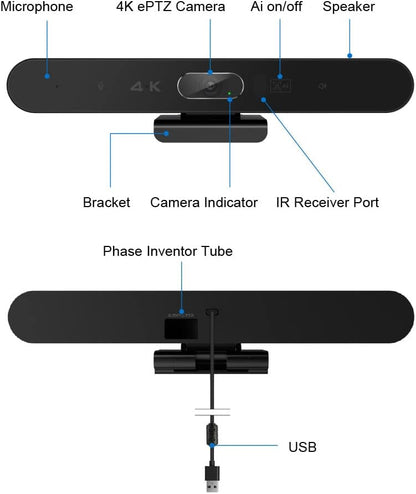 EagleBar Pro2 Videoconferentiecamera 4K ePTZ AI Face Tracking, luidspreker en conferentiemicrofoon, met afstandsbediening, compatibel met zoom/MS Teams of OBS-streaming