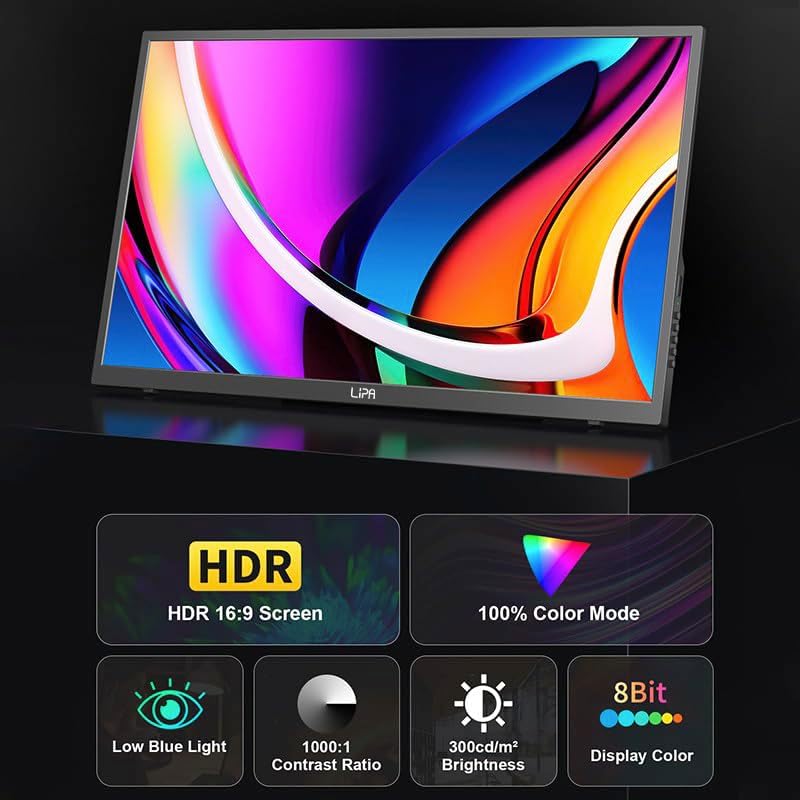 Lipa HDR-80 portable monitor Full HD 18.5 inch - Portable screen - Computer screen - 100 Hz - HDMI - 2x USB C - With sleeve and kickstand - Freesync - 1920 x 1080 pixels - Dual Speakers - QUORE