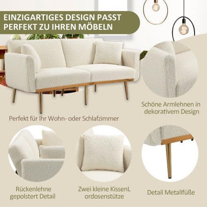 Velvet 3 Seater Design Sofa, Folding 3-Adjustable Sofa Bed, Metal Leg Support Living Room, Bedroom, Small Space, Comfortable for Sitting or Sleeping (White + Teddy) - QUORE