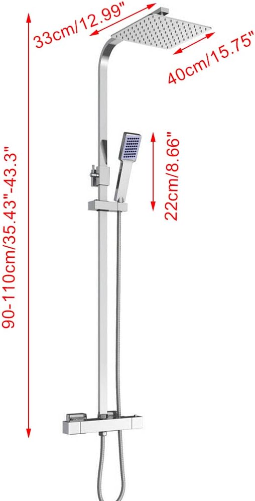 Thermostatisch Regendouche Systeem – Douchekolom – Regendouche – Douche Set – Douchekraan – Roestvrijstalen Regendouche 40x40 cm – Hoogte Verstelbaar – Veiligheidsslot 38°C