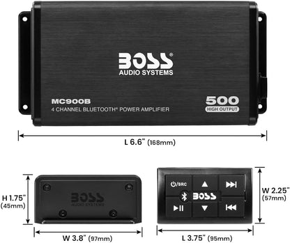 KIT SET VOOR BOSS AUDIO SYSTEMS MC900B, 1 Versterker 4-kanaals Bluetooth Marine, 500 Watt Max., Full-range, Klasse A/B, met Verlichte Multifunctionele Controller, 1 stuk