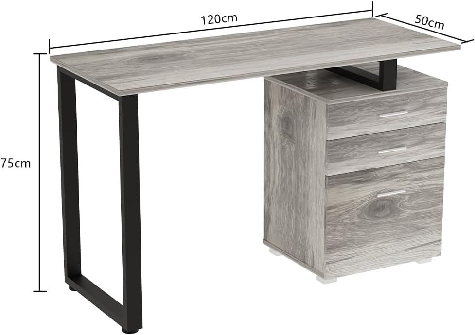 BAKAJI Scrivania Con cassettiera Bureau met lade, computertafel, staal, hout, kantoor grijs, Unica