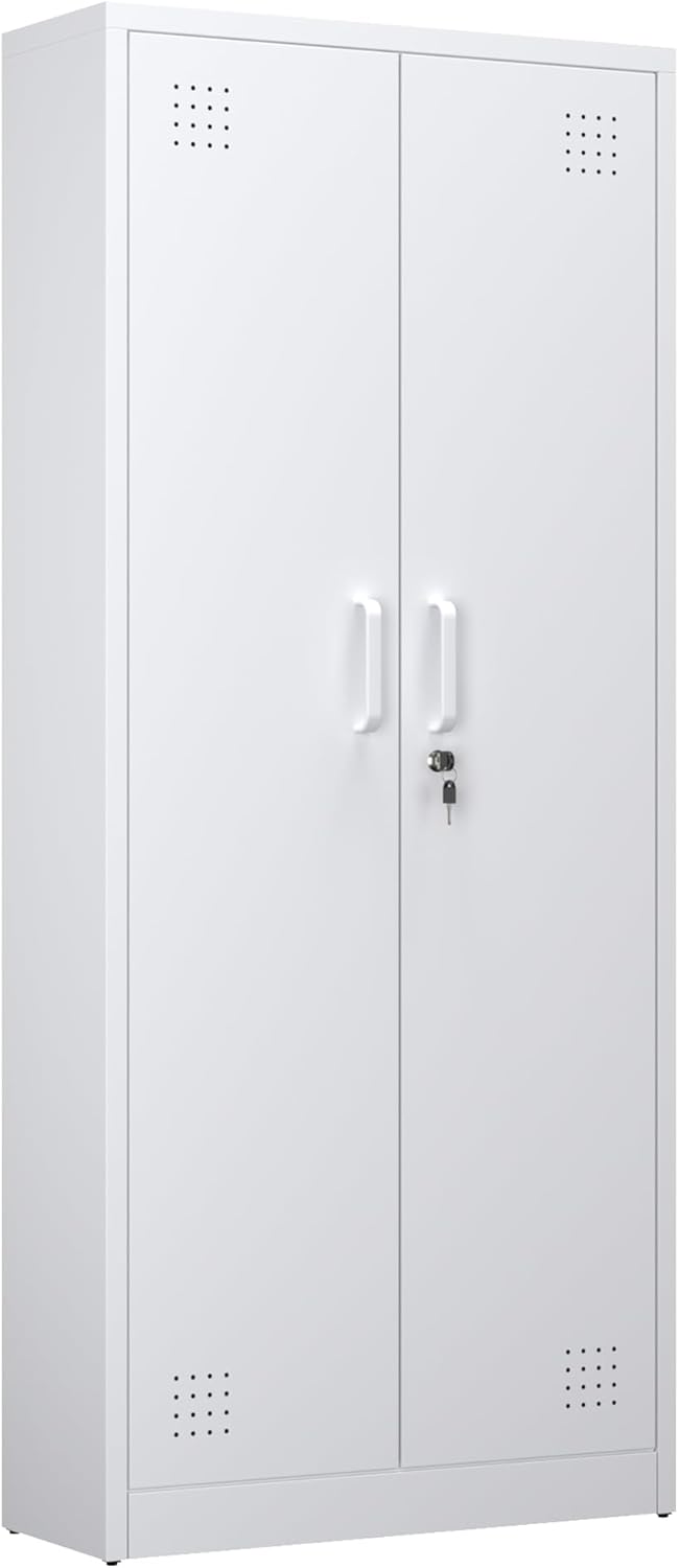 Bestekkast met ventilatie en magneetsluiting, multifunctionele kast, stabiele stalen kast voor stofzuigers, schoonmaakmiddelen, wasgoed en huishoudelijke accessoires, 70 x 30 x 165 cm, wit