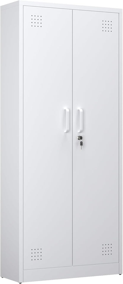 Bestekkast met ventilatie en magneetsluiting, multifunctionele kast, stabiele stalen kast voor stofzuigers, schoonmaakmiddelen, wasgoed en huishoudelijke accessoires, 70 x 30 x 165 cm, wit
