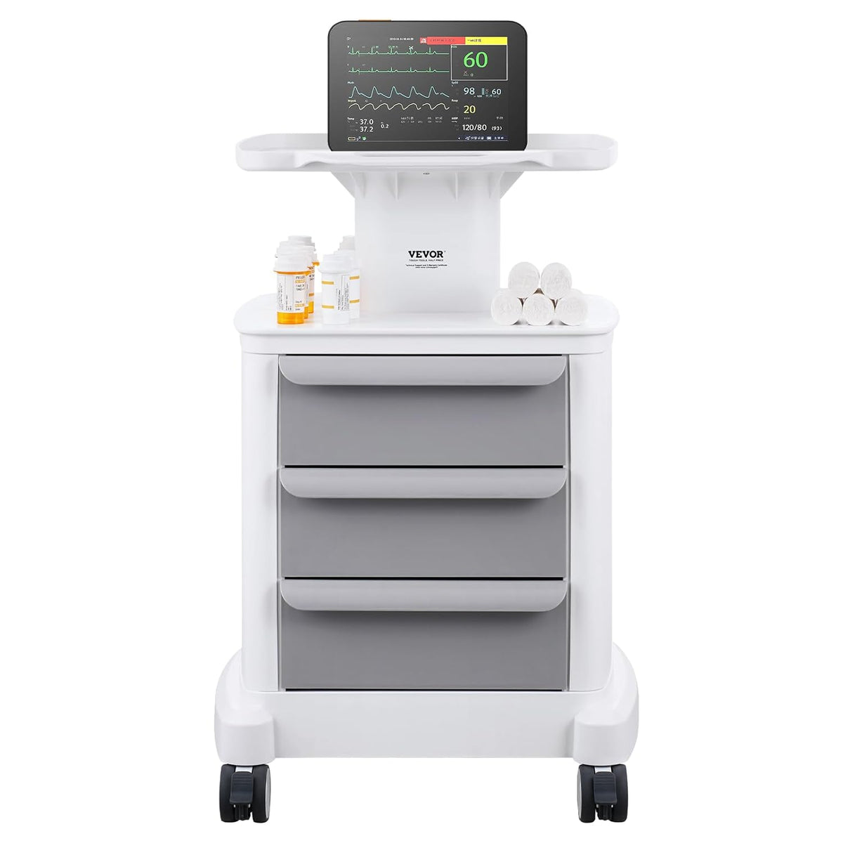 VEVOR Mobiele laboratoriumwagen met 4 niveaus, 3 laden, 1 bovenste plank, ABS-materiaal, 4 stille wielen, voor laboratorium, kliniek, ziekenhuis, woonkamer
