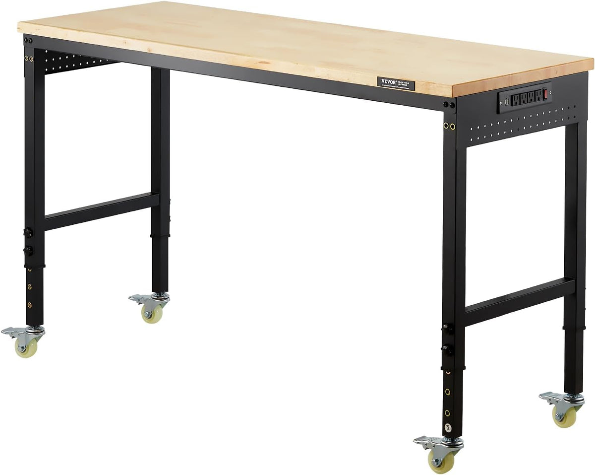 VEVOR 60 Inch Adjustable Workbench, 900 kg Load, Workbench with Socket, Wheels and Pegboard, Heavy Duty Oak Work Table for Garage, Workshop, Office and Home