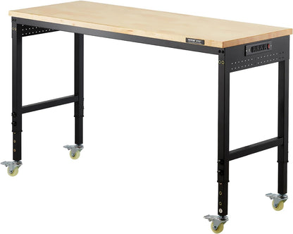 VEVOR 60 Inch Adjustable Workbench, 900 kg Load, Workbench with Socket, Wheels and Pegboard, Heavy Duty Oak Work Table for Garage, Workshop, Office and Home
