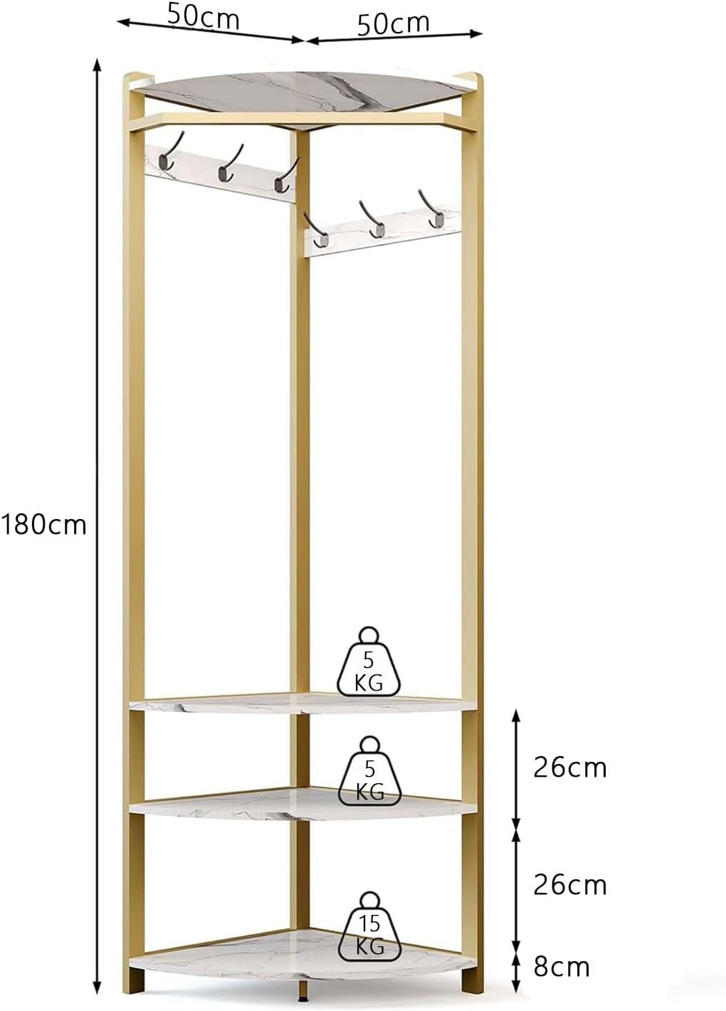 Coat Rack Corner Wardrobe Metal with 6 Double Hooks Storage Rack Shoe Rack Open Clothes Stand Hallway Rack Space Saving Industrial Design for Hallway, Living Room, Bedroom, Office, Gold - QUORE