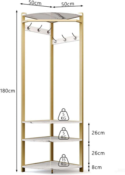 Coat Rack Corner Wardrobe Metal with 6 Double Hooks Storage Rack Shoe Rack Open Clothes Stand Hallway Rack Space Saving Industrial Design for Hallway, Living Room, Bedroom, Office, Gold - QUORE