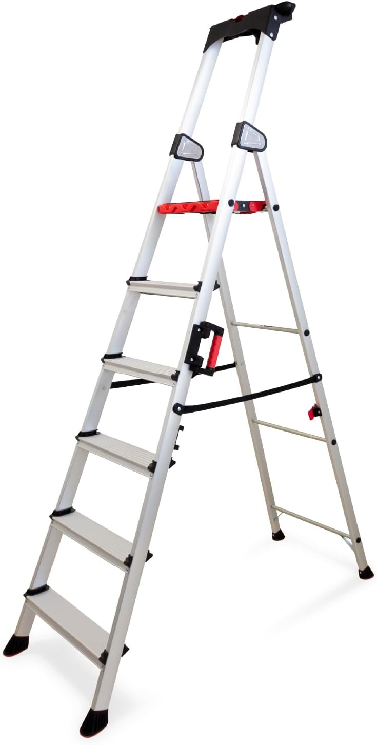 Keli Vouwladder, trapladder, trapladder, robuust aluminium, professionele kwaliteit, draaggreep, gereedschapshouder van ABS, inklapbaar (6 treden)