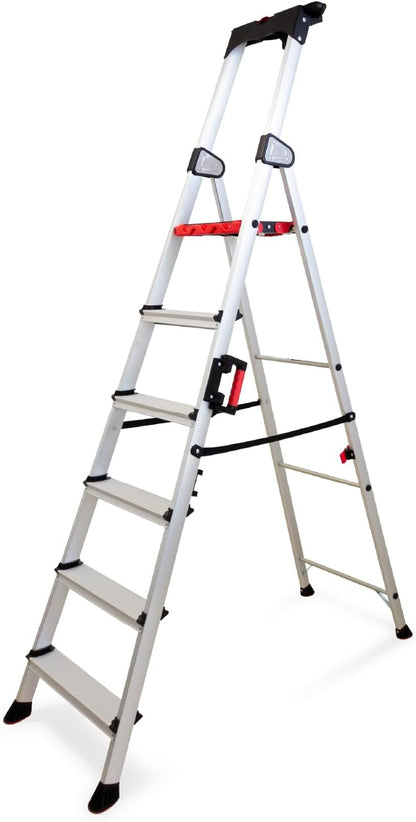 Keli Vouwladder, trapladder, trapladder, robuust aluminium, professionele kwaliteit, draaggreep, gereedschapshouder van ABS, inklapbaar (6 treden)