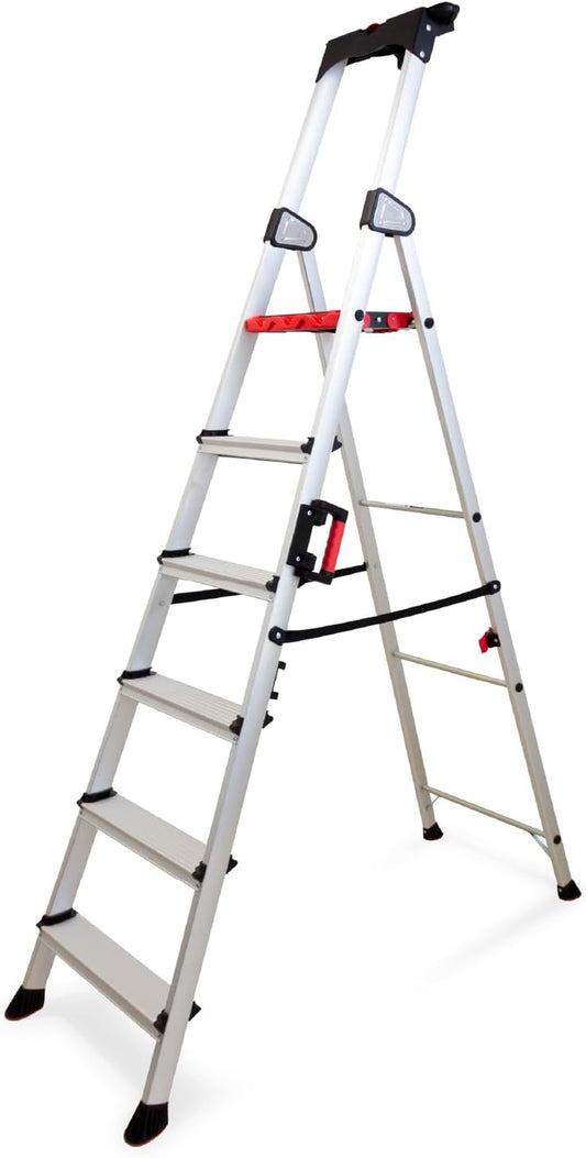 Keli Vouwladder, trapladder, trapladder, robuust aluminium, professionele kwaliteit, draaggreep, gereedschapshouder van ABS, inklapbaar (6 treden)
