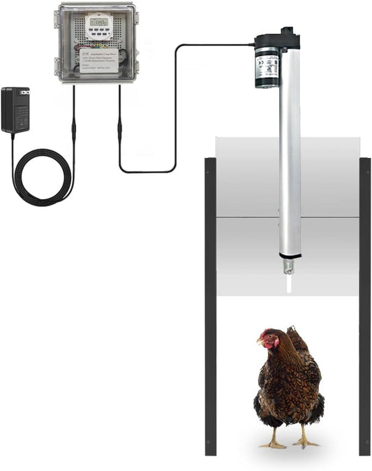JVR Automatic chicken coop door opener with timer, programmable, aluminum chicken doors, electric run automatic chicken door automatic opener, actuator motor, safety function