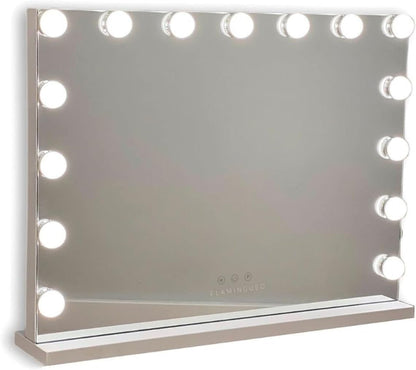 Flamingueo Make-upspiegel met Verlichting - 15 LED - 3 Modi - Instelbare Intensiteit - Touch Control - USB-Poort - Vergrootspiegel Inbegrepen - Vanity Mirror - Wit - 58x12x48cm