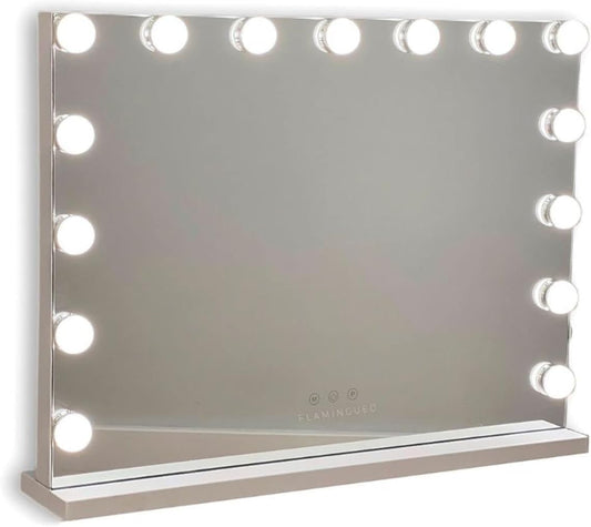 Flamingueo Make-upspiegel met Verlichting - 15 LED - 3 Modi - Instelbare Intensiteit - Touch Control - USB-Poort - Vergrootspiegel Inbegrepen - Vanity Mirror - Wit - 58x12x48cm