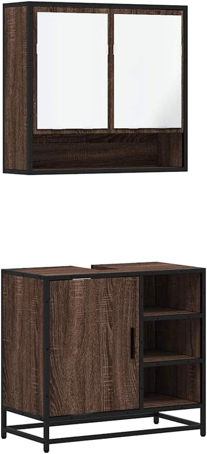 Gecheer 2-piece bathroom cabinet set base cabinet bathroom cabinet brown oak look wood material - QUORE