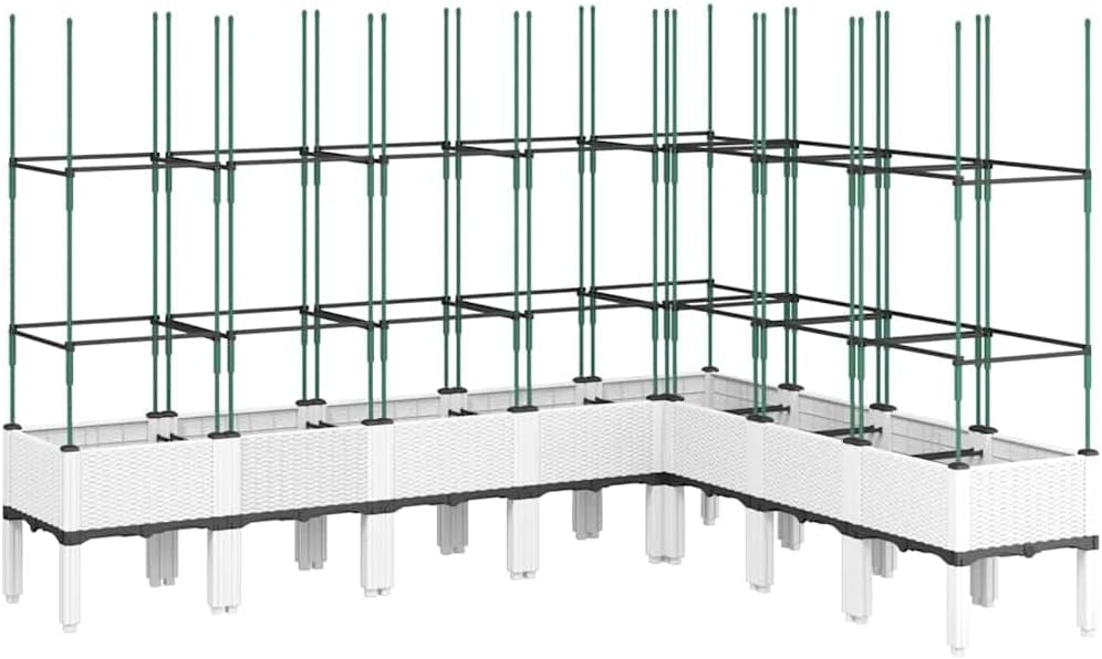 Flower Box for Garden with Integrated Polypropylene Trellis Raised Design and Rattan Look White 200 x 160 x 142.5 cm, Ideal for Climbing Plants, Vegetables - QUORE