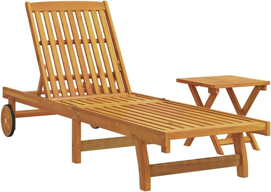 vidaXL Sun lounger with table solid acacia wood, outdoor bed, sun bed, garden lounger, sun lounger, outdoor lounger, sun lounger, wooden lounger - QUORE