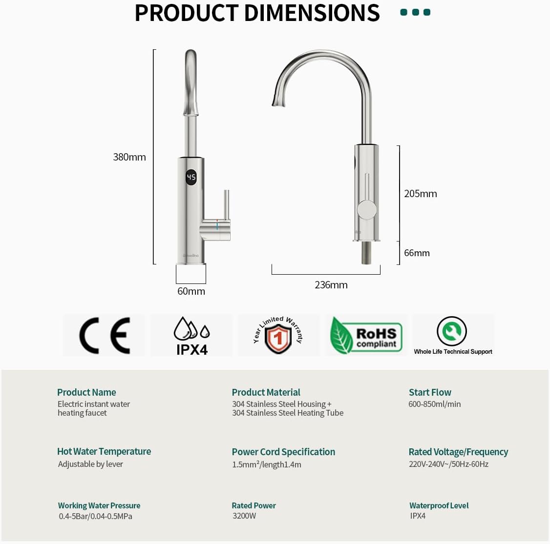 Waterkraan met doorstroomboiler, 220 V, elektrische waterkraan, 360 graden roteren en digitaal display, warmwaterkraan met universeel mondstuk, zilver