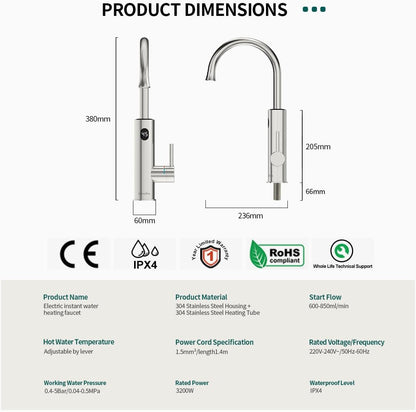 Waterkraan met doorstroomboiler, 220 V, elektrische waterkraan, 360 graden roteren en digitaal display, warmwaterkraan met universeel mondstuk, zilver