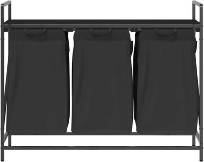Wasmand – Laundry Basket – Wasbak – Wasbox – Laundry Hamper – 3 Compartiments – Zwart Eikenhout – Stalen Frame – Met Opbergrek