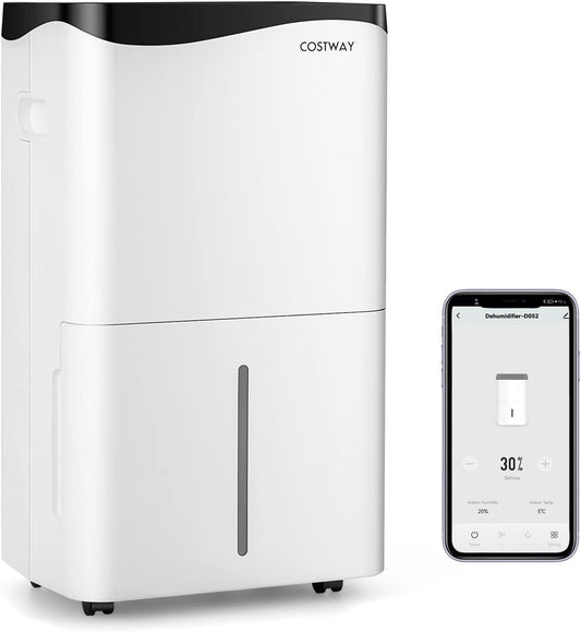 FANTASK 4 modi bouwdroger 50 l/dag met 24-uurs timer, slimme luchtontvochtiger met led-aansoog en ventilator, 5 l waterreservoir en afvoerslang