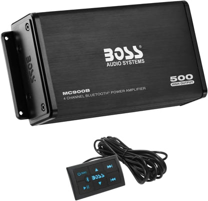 KIT SET VOOR BOSS AUDIO SYSTEMS MC900B, 1 Versterker 4-kanaals Bluetooth Marine, 500 Watt Max., Full-range, Klasse A/B, met Verlichte Multifunctionele Controller, 1 stuk