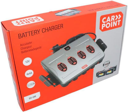 Acculader 12V – Batterijlader – Loodzuurlader – Accuoplader – Batterijoplader – Vier Accu’s Gelijktijdig Opladen – Volautomatische Vijfstaps Oplaadcyclus – IP64 Spatwaterbestendig