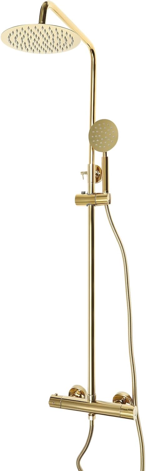 Douche Systeem – Regendouche – Handdouche – Douche Set – Badkamer Douche – Geborsteld Goud – Verstelbare Hoogte 70-110 cm – Thermostatische Temperatuurregeling 0-80°C
