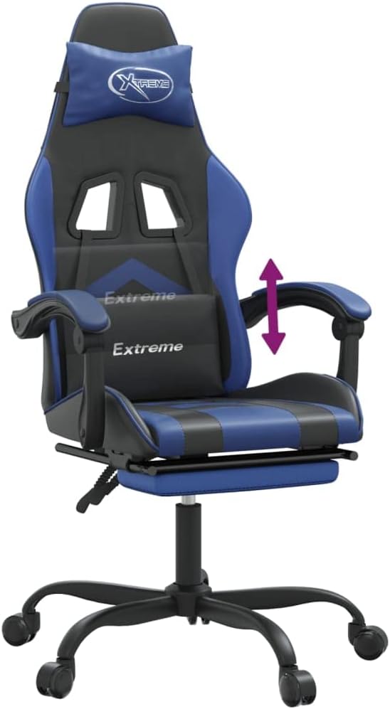 Gamingstoel – Gamestoel – Gaming Chair – Bureaustoel – Game Stoel – Kunstleer Zwart/Blauw – Verstelbare Rugleuning en Voetsteun
