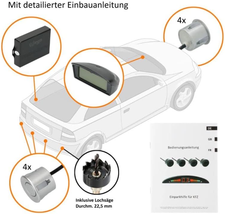 VSG24 22146 - Premium Combi Set Front, Rear incl. 8 sensoren, kleurendisplay & akoestisch signaal, automatisch parkeerhulp parkeersysteem - Zilver