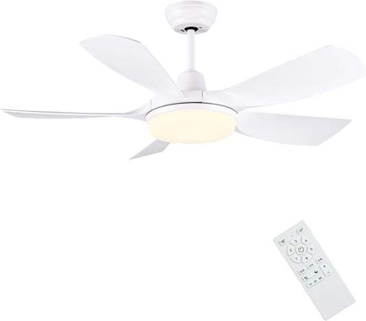 Newday Plafondventilator met licht en afstandsbediening, 106 cm, stille plafondventilator met dimverlichting, DC-motor, 5 vleugels, 6 snelheden, geheugenfunctie, wit