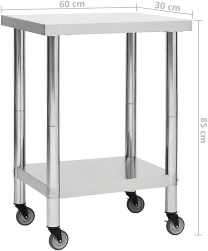 vidaXL Keukenwerktafel met wielen 60x30x85 cm roestvrij staal
