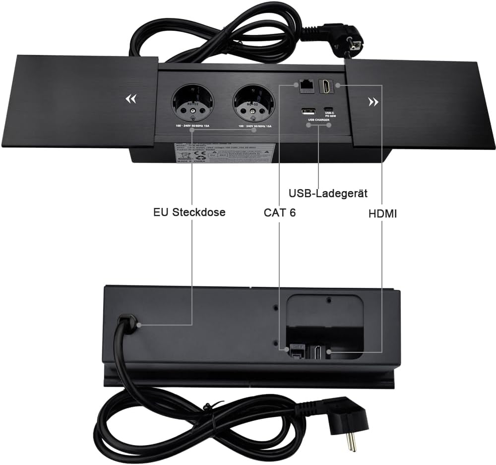 Connectiviteits-box, conferentietafel, power box met 2 stopcontacten + 1 USB-A en type C-oplader + 1 CAT6+ 1 HDMI/USB-C gegevens (zwart) (sliding)