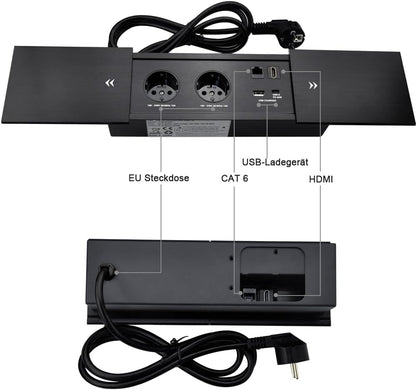 Connectiviteits-box, conferentietafel, power box met 2 stopcontacten + 1 USB-A en type C-oplader + 1 CAT6+ 1 HDMI/USB-C gegevens (zwart) (sliding)