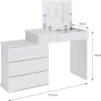 ML-Design Dressing Table White With Folding Mirror, 4 Drawers & 4 Compartments, 117.5x78x45cm, Cosmetic Table For Women & Girls, Made of MDF Wood, Makeup Table - QUORE