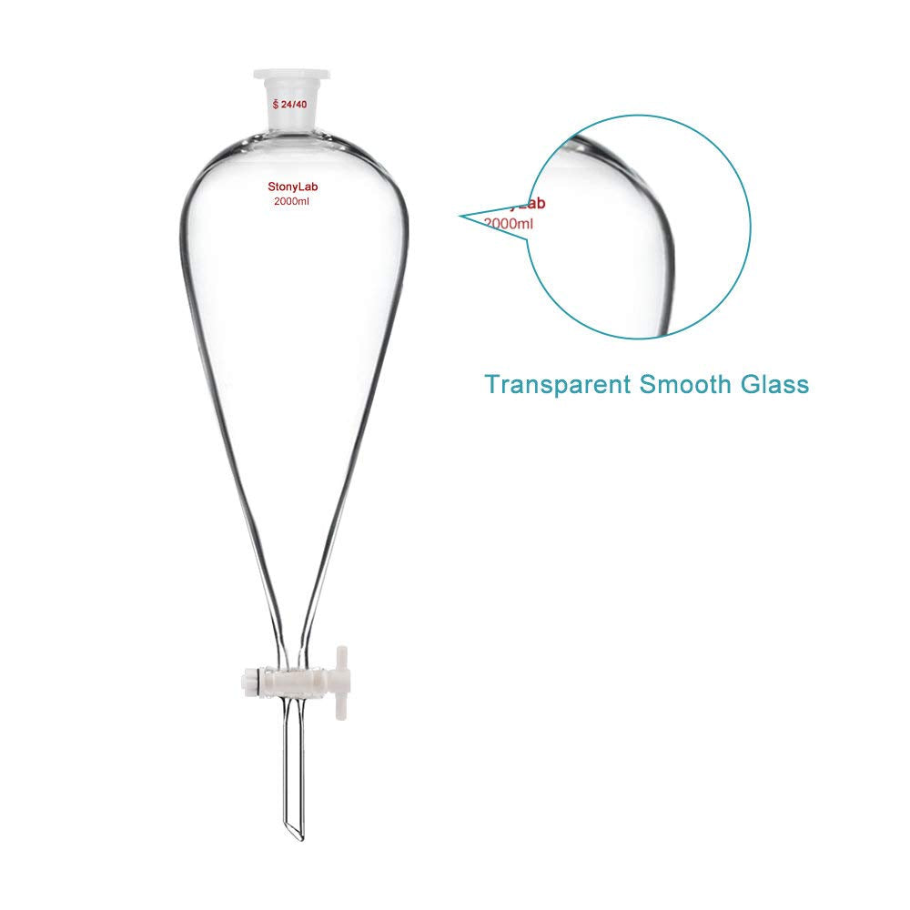 stonylab Borosilicaat Glas 2000ml Zware Wand Conische Scheitrechter met 24/40 Gewrichten en PTFE Afsluitkraan, 2000ml