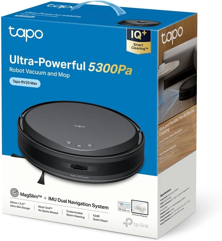 Tapo RV20 Max, 4-in-1 robotstofzuiger en dweil, 5300 Pa ultrastofzuiger, MagSlim LiDAR navigatie, IQ + Smart Cleaning, ultradun design 83 mm, reiniging aanpasbaar met app, Alexa en Google