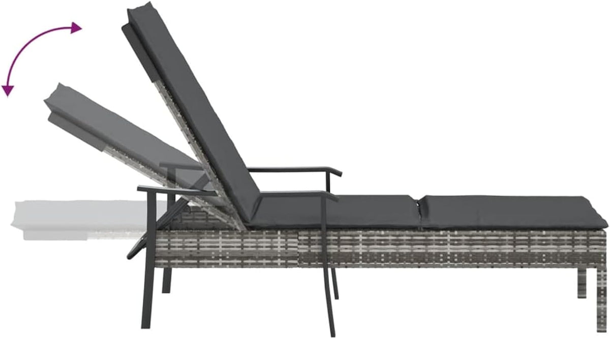 Sun Lounger with Poly Rattan Cushion with Grey Cushion, Outdoor Sun Lounger, Sun Lounger, Garden Bed, Outdoor, Beach Chair - QUORE