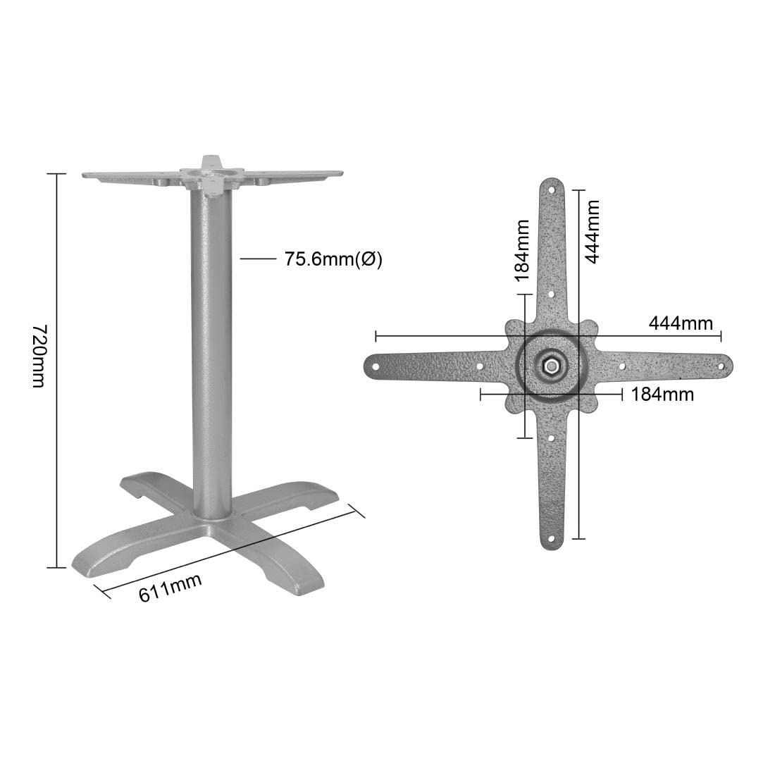 Bolero gietijzeren tafelvoet, zware uitvoering, grijs, bars en eetruimtes, clubs, restaurants, cafés en pubs, Afmetingen: 611(W)x720(H)mm, FT028