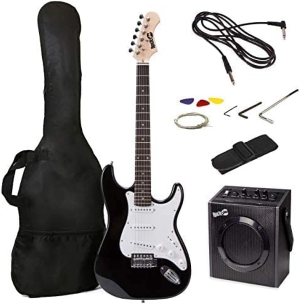 RockJam Full-size elektrische gitaar Superkit met gitaarversterker Gitaarsnaren Gitaar tuner Gitaarriem Gitaarkoffer en kabel Zwart