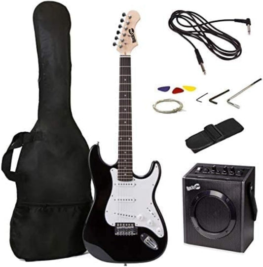 RockJam Full-size elektrische gitaar Superkit met gitaarversterker Gitaarsnaren Gitaar tuner Gitaarriem Gitaarkoffer en kabel Zwart