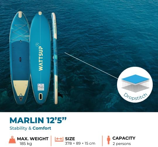Wattsup - Sup Stand Up Paddle Opblaasbare Marlin 12'5-378x89x15cm Dropstitch - Compleet Pakket: peddel leash pomp draagtas - Tot 185kg -Blauw