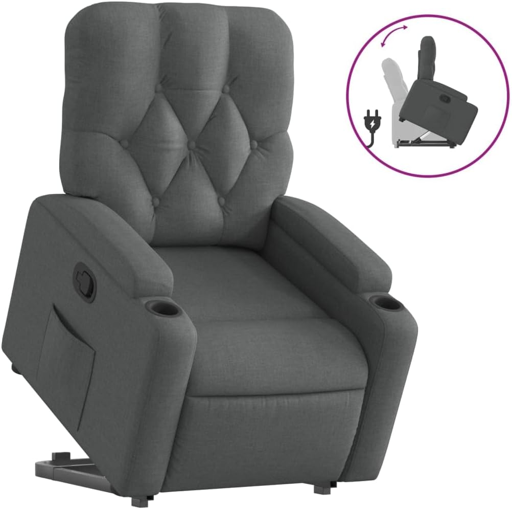 Relaxstoel met opstahulp – Elektrische Relaxstoel – Tv-stoel – Ligstoel – Verstelbare Fauteuil – Donkergrijs Stof – Handmatige Ligfunctie – Stevig Hout-Metalen Frame