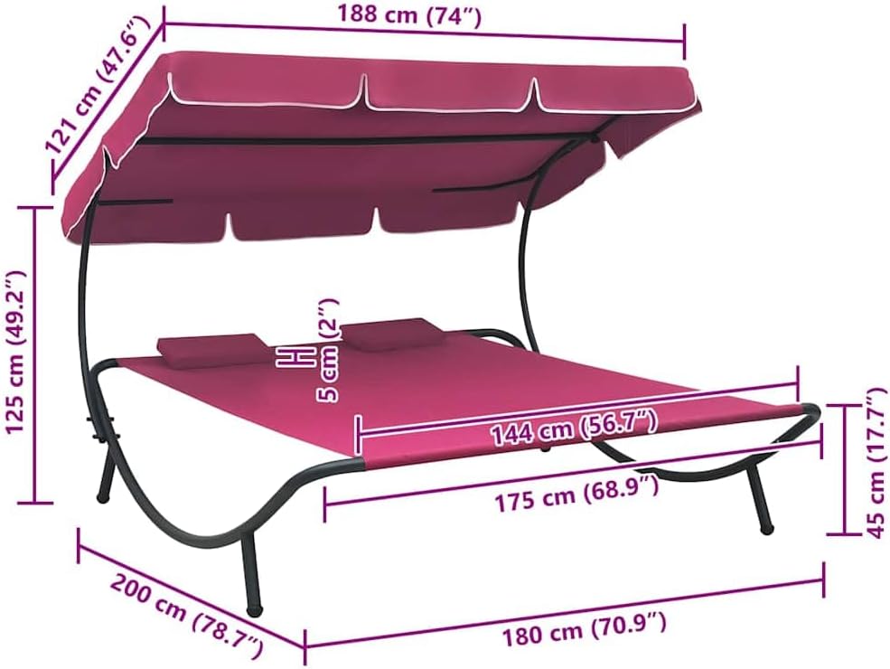 Sunbath, Outdoor Lounger with Awning and Cushions, Pink, Sun Lounger, Beach Lounger, Relax Chair for Garden, Patio, Balcony, Camping - QUORE