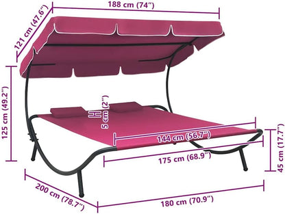 Sunbath, Outdoor Lounger with Awning and Cushions, Pink, Sun Lounger, Beach Lounger, Relax Chair for Garden, Patio, Balcony, Camping - QUORE