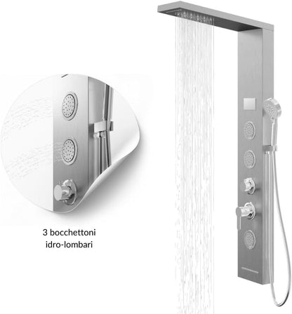 Douchepaneel Shine staal 4 functies LED-licht display temperatuureffect regen waterval antikalk (geborsteld chroom)