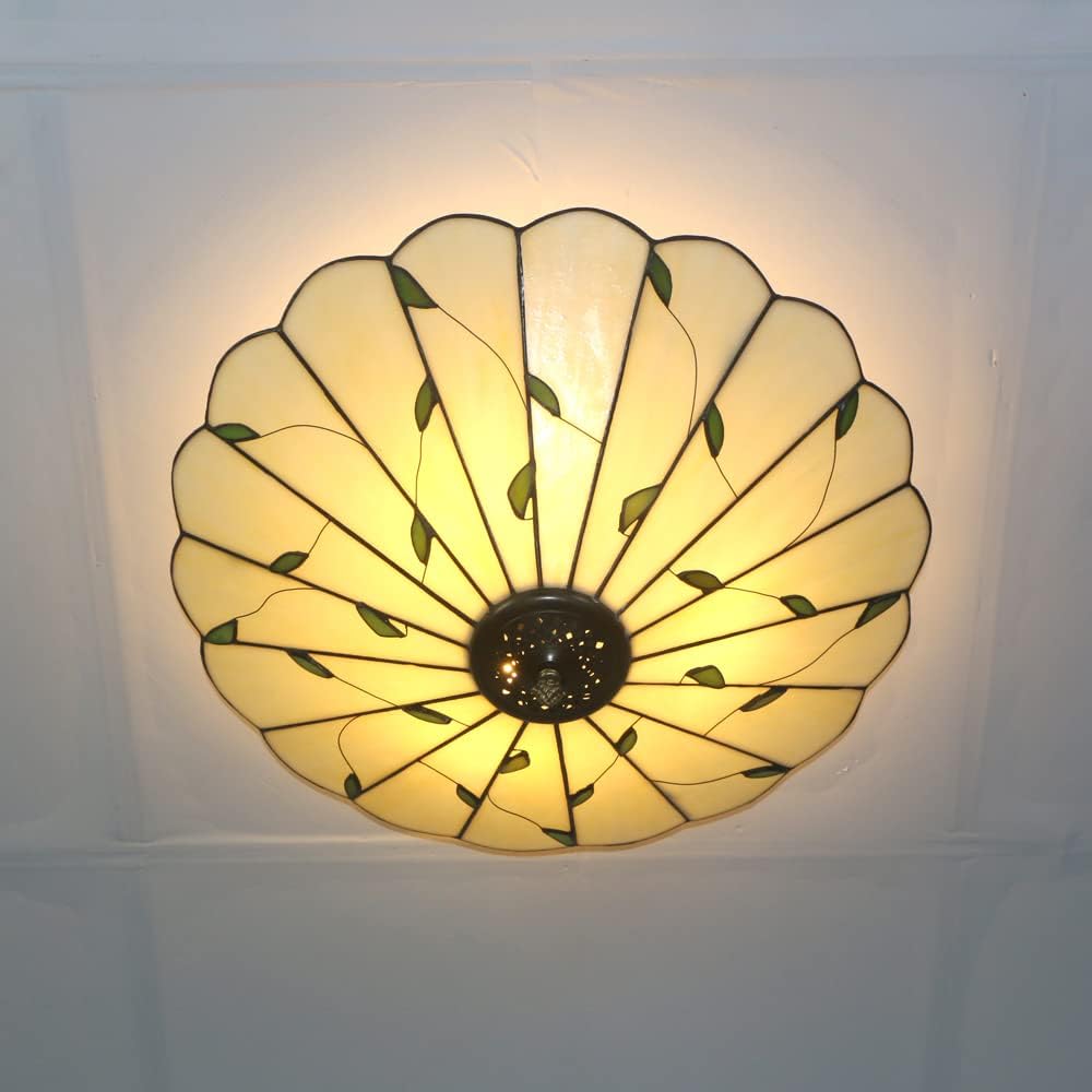 16 Inch Vintage Leaf Tiffany Style Ceiling Light Stained Glass Ceiling Lamp Flush Mount Ceiling Lighting Fixtures Lamps (40CM Leaf A)
